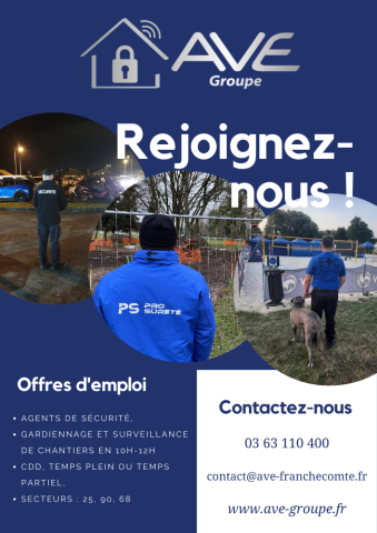 ave groupe montbeliard-belfort-mulhouse recrute agents de sécurité, ads, ssiap1, ssiap2, gardiennage, surveillance 