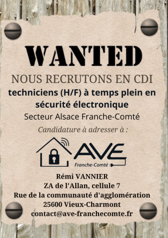 AVE recrute des installateurs de systèmes de sécurité alarme vidéo secteur Montbéliard Belfort